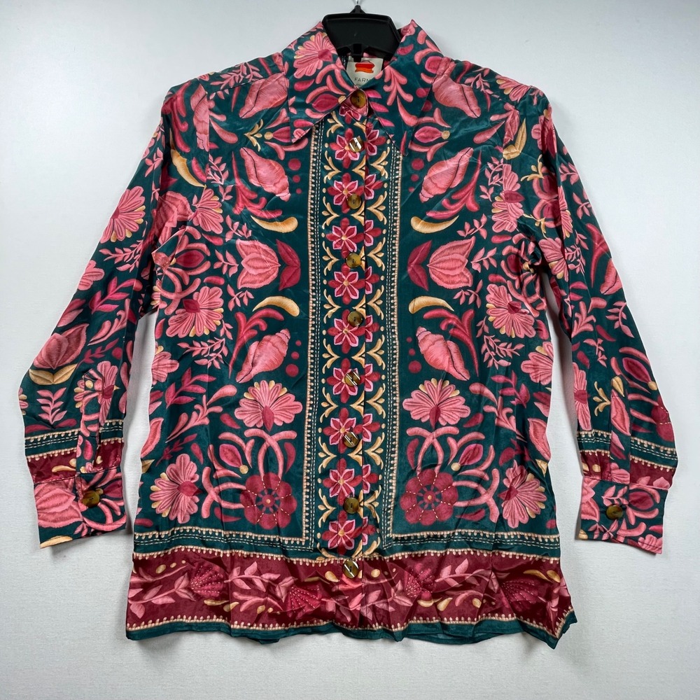 Farm Rio Womens Green Pink Floral Seashell Viscose Button Down Blouse Small - Picture 3 of 9